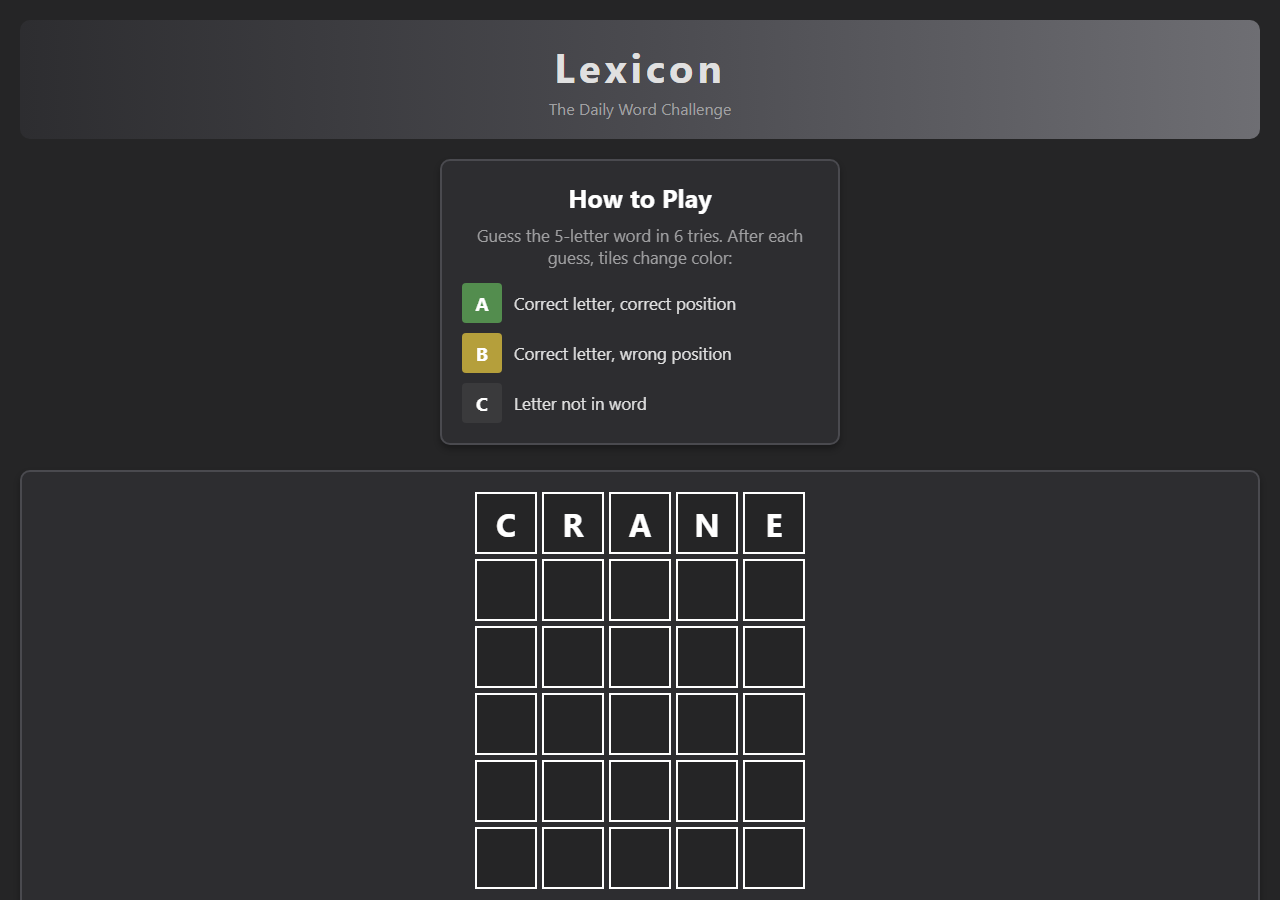 The Wordle clone running: six rows of colour-coded letter tiles and a win screen