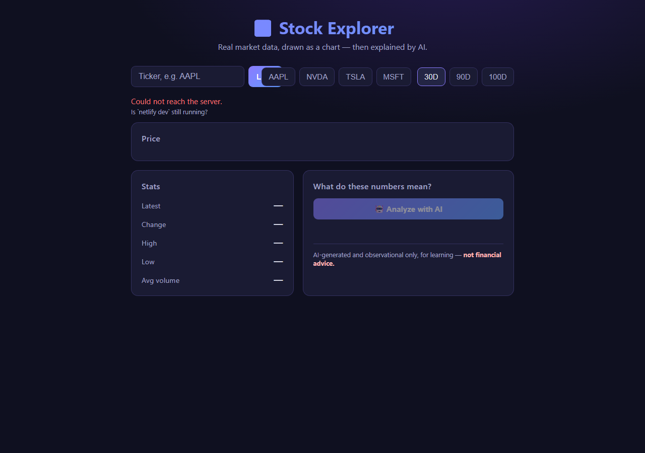 The stock explorer running: a real market chart with Claude narrating the numbers