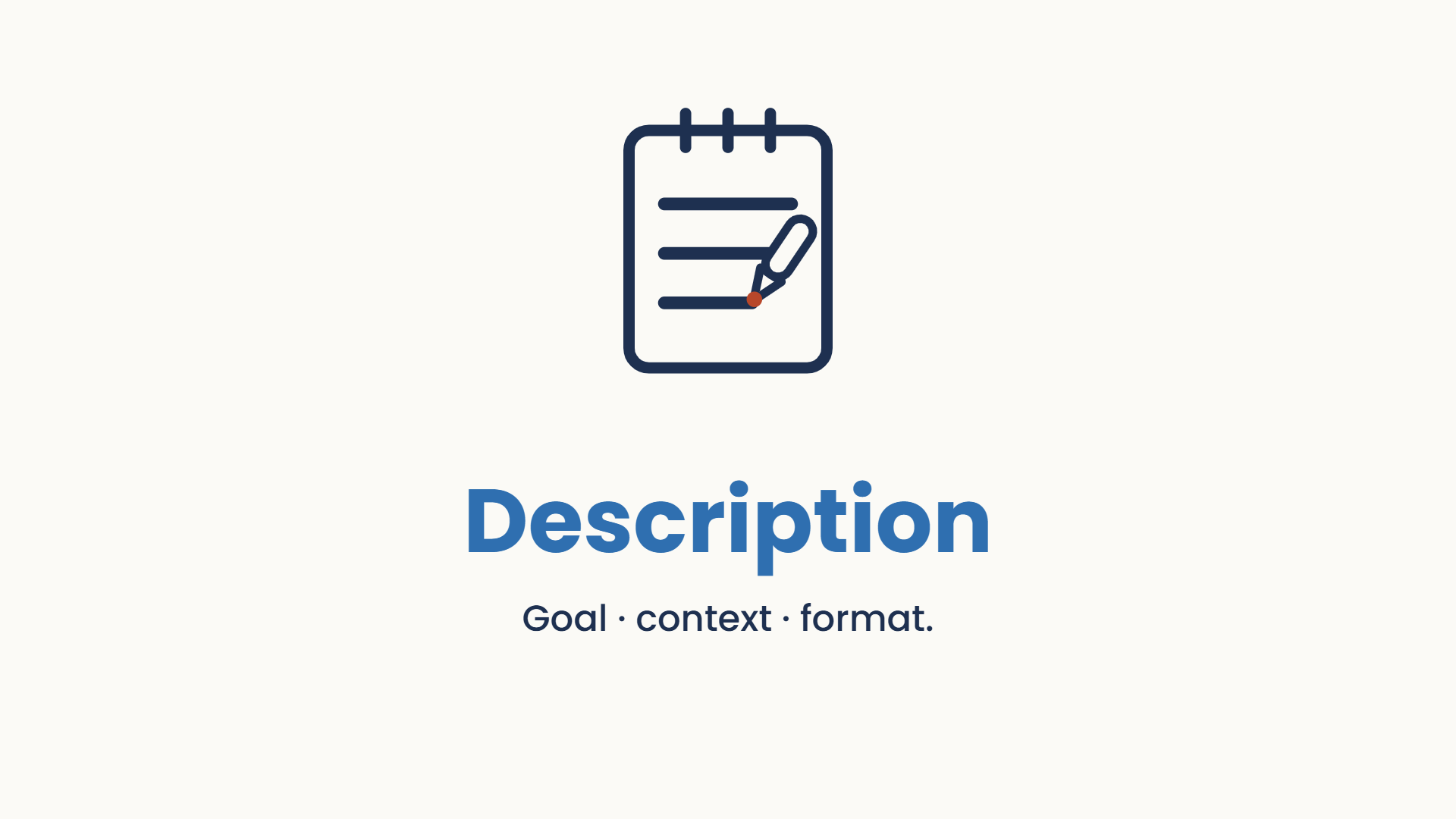 A notepad with a pen writing neat lines. Goal, context, format.