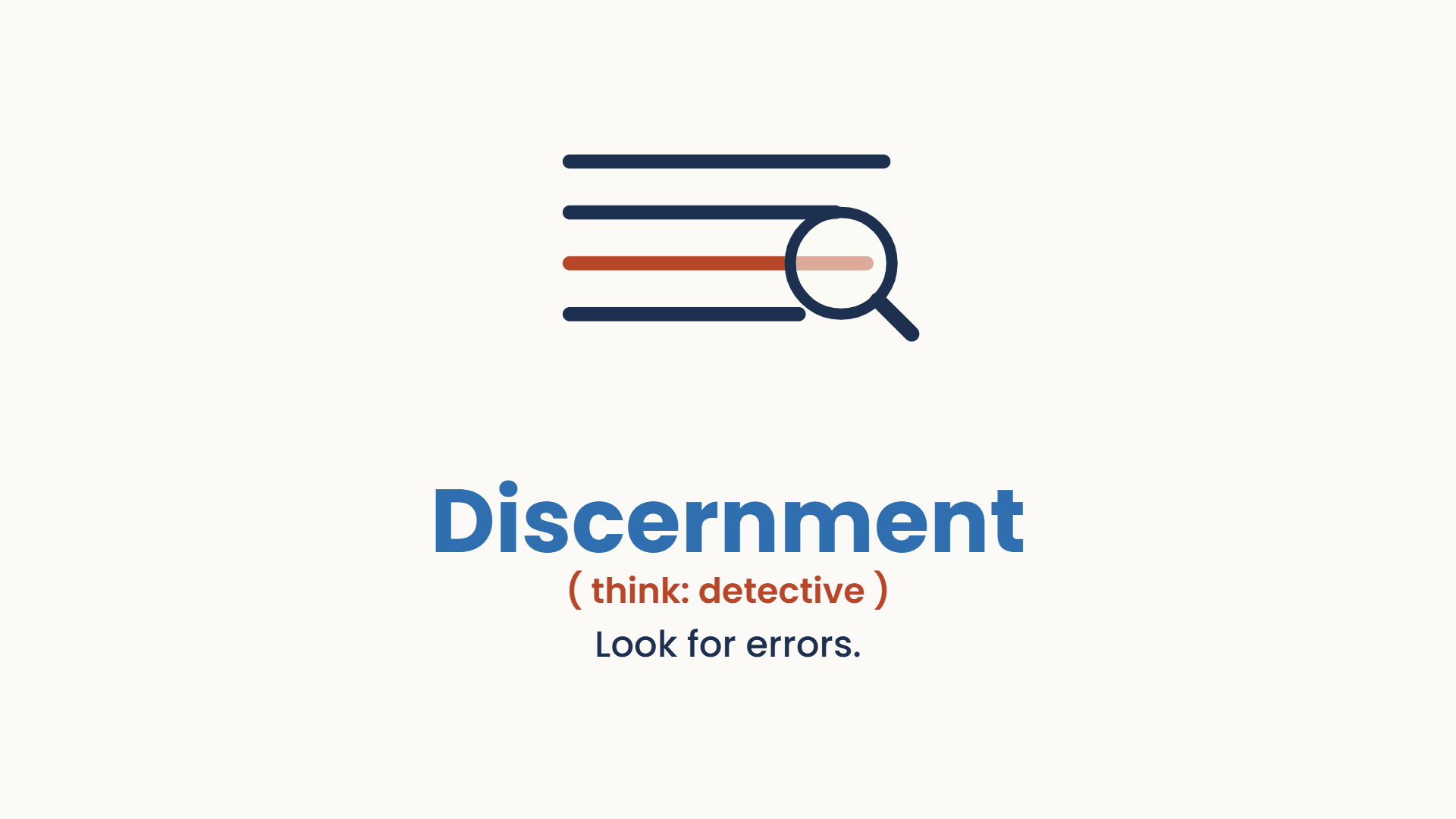 A magnifying glass over lines of text, one line flagged. Look for errors.