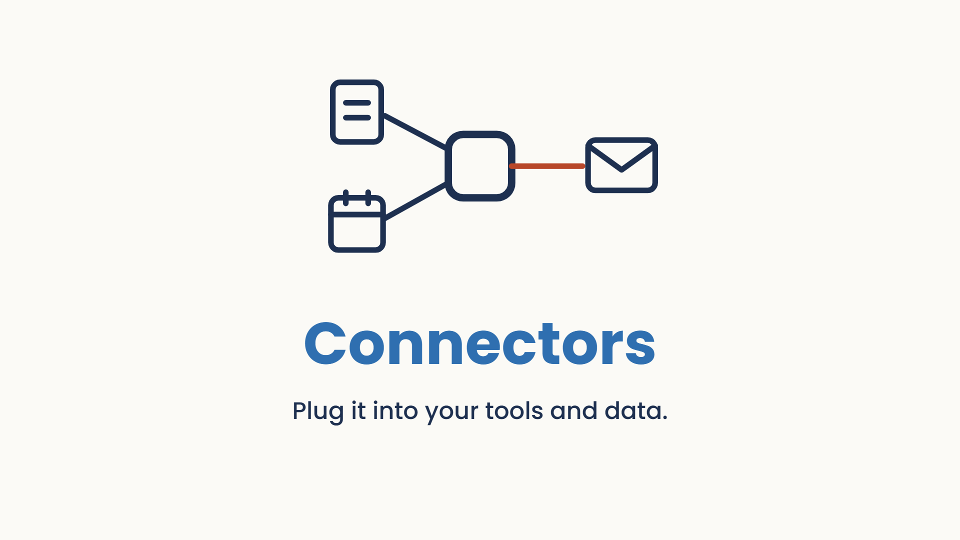 A central hub plugging into tool icons, one terracotta plug.